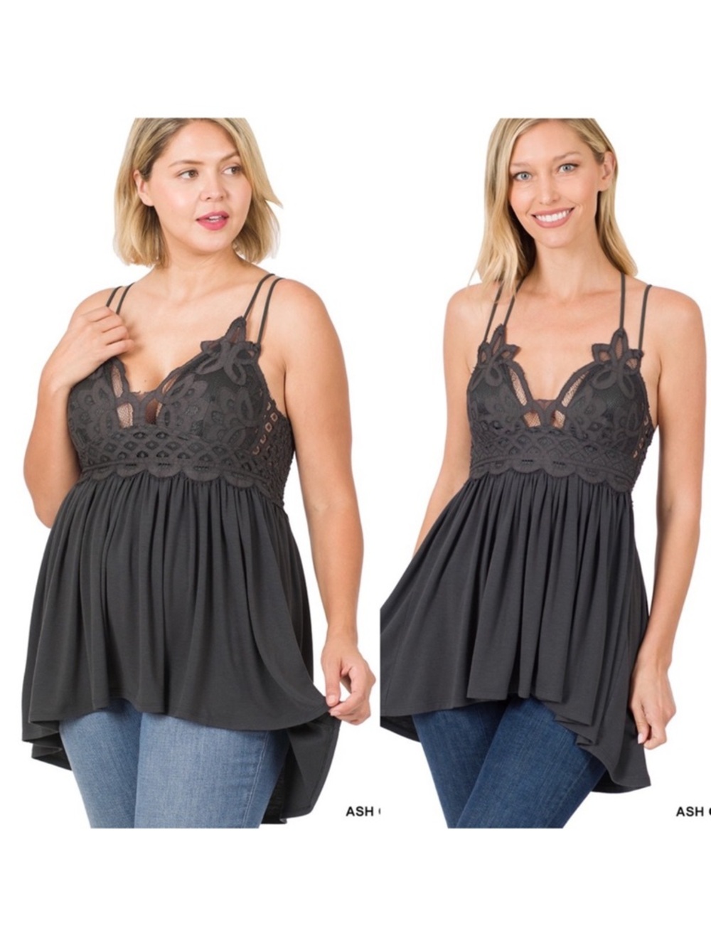 Zenana 1X Grey Crochet Lace Cami Tunic Top
